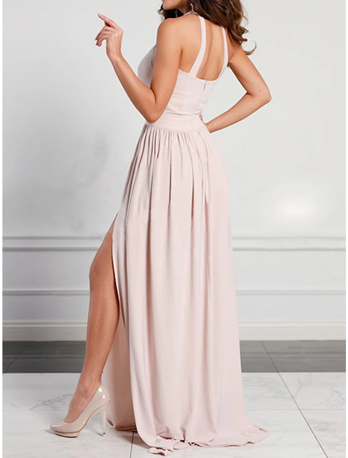 Women's Prom Dress Party Dress Wedding Guest Dress Long Dress Maxi Dress Pink Wine Green Sleeveless Plain Backless Summer Spring Fall Halter Neck Red Valentines Dress Valentine's Day Wedding Guest