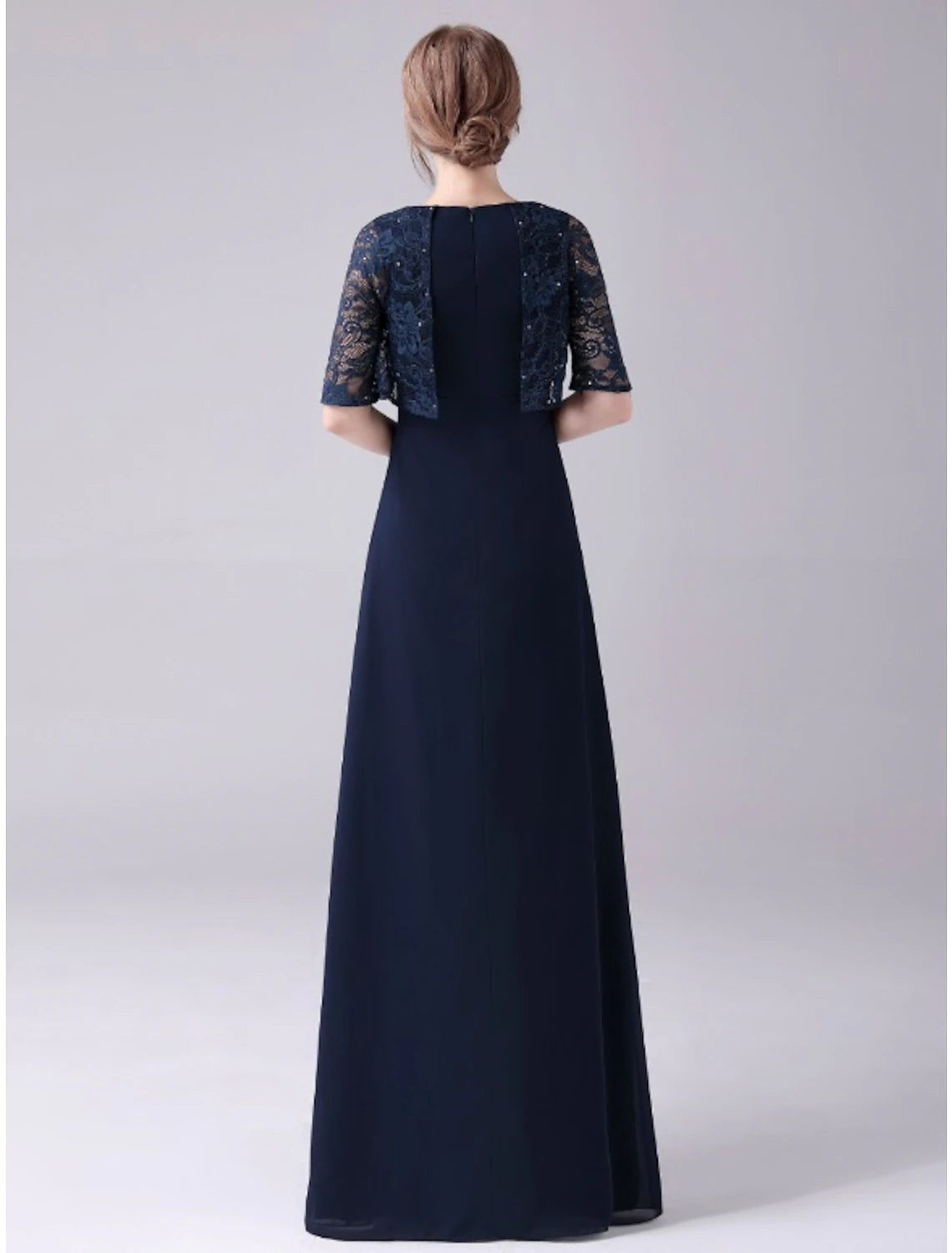 A-Line Mother of the Bride Dress Elegant Sweet Jewel Neck Floor Length Chiffon Half Sleeve with Lace Crystals