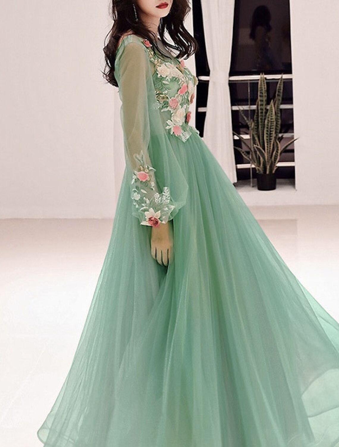 A-Line Prom Dresses Luxurious Dress Valentine's Day Wedding Guest Floor Length Long Sleeve Illusion Neck Tulle with Appliques