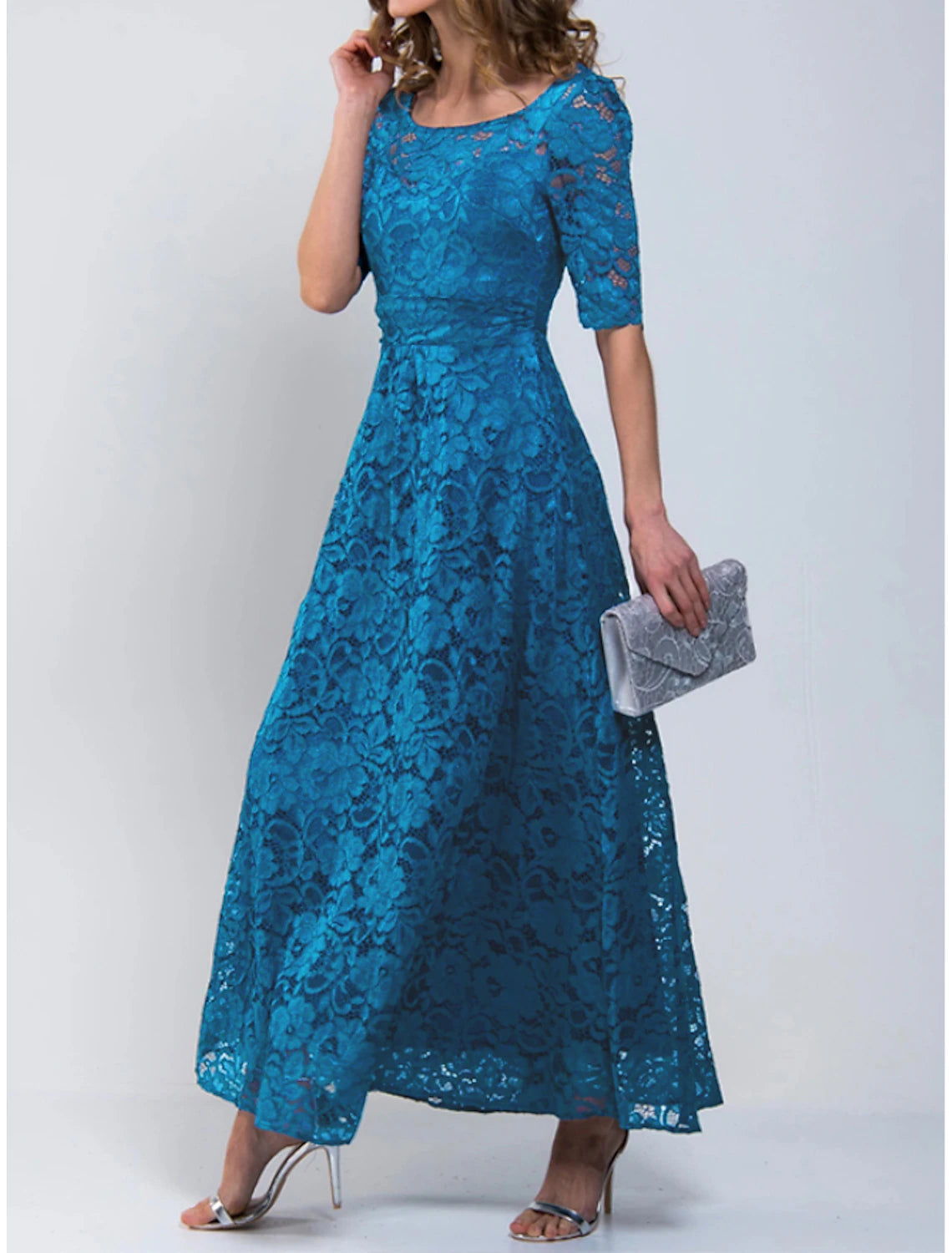 Women's A Line Dress Maxi long Dress Royal Blue Lace Dress Half Sleeve Floral Solid Color Ruched Print Spring Summer Crew Neck Stylish Elegant