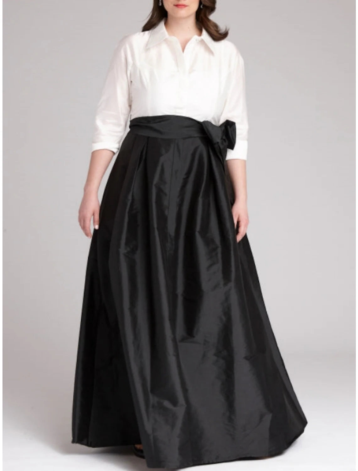 A-Line Evening Gown Elegant Dress Formal Wedding Guest Floor Length Half Sleeve Shirt Collar Satin with Bow(s) Pleats