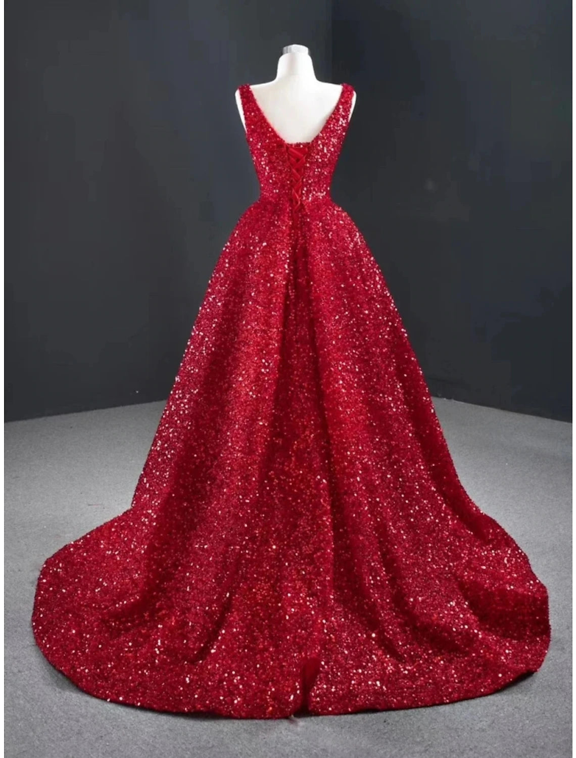 A-Line Evening Gown Party Dress Formal Sweep / Brush Train Formal Red Green Dress Sleeveless V Neck Sequined with Glitter Pleats