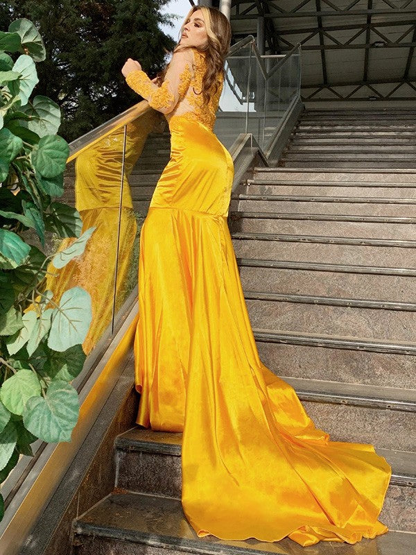 Trumpet/Mermaid High Neck Long Sleeves Sweep/Brush Train Applique Woven Satin Dresses