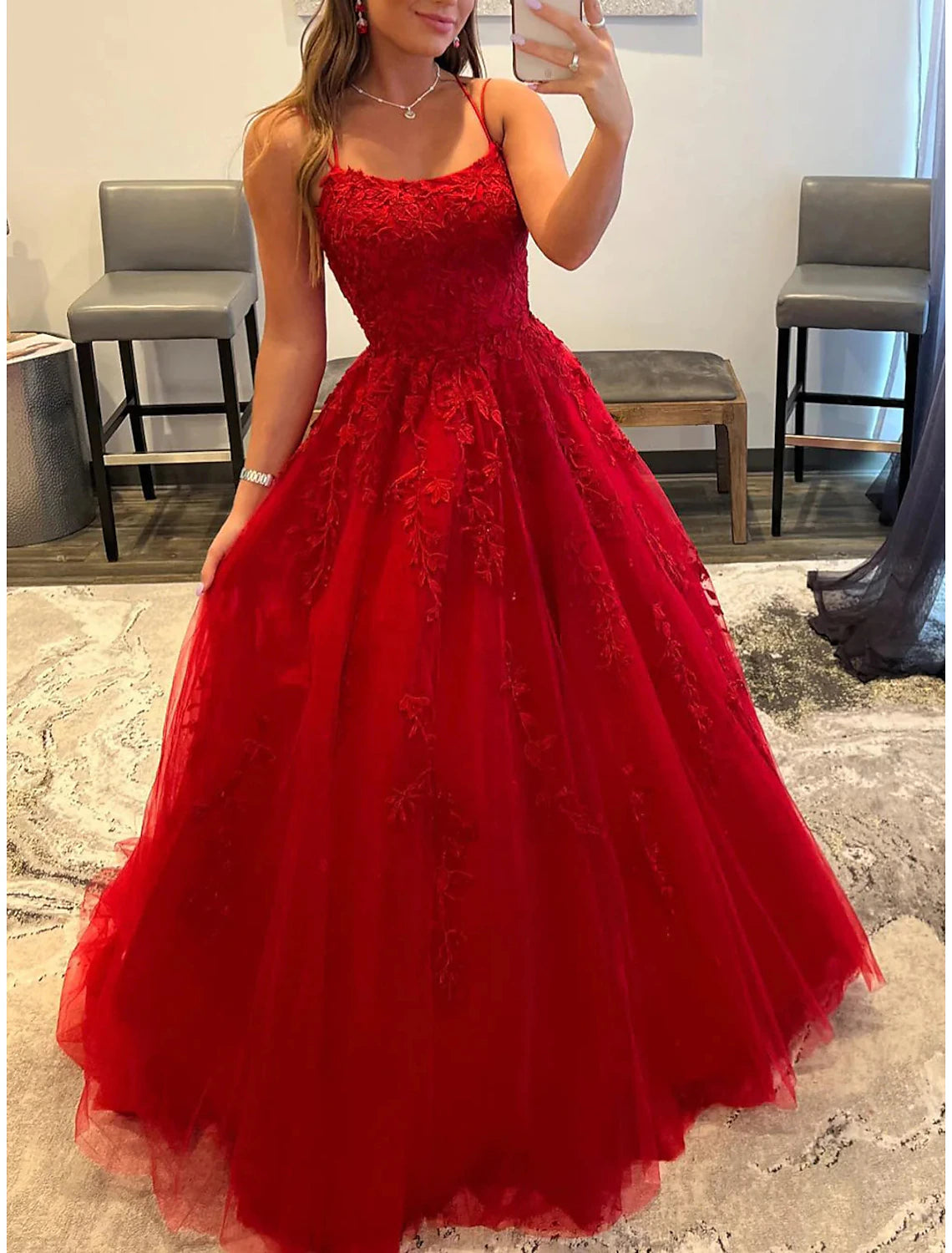 A-Line Prom Dresses Backless Dress Wedding Guest Evening Party Floor Length Sleeveless Spaghetti Strap Royal Style Tulle Backless with Crystals Appliques