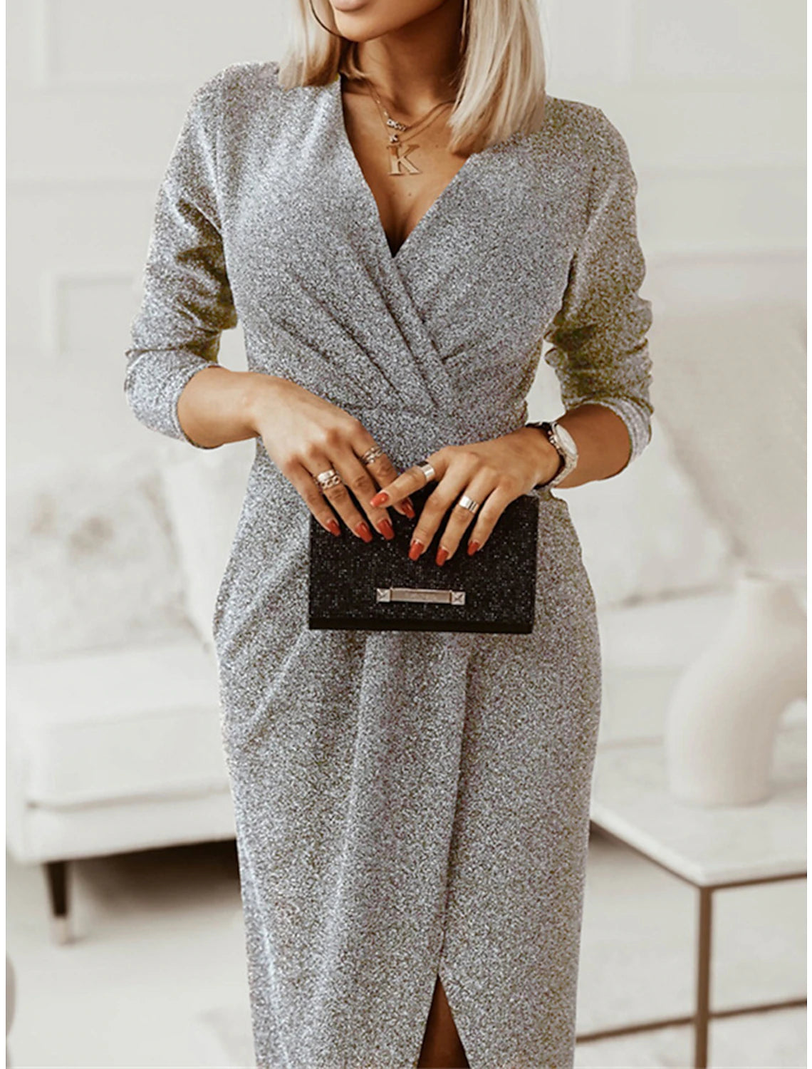 Women's Party Dress Wedding Guest Dress Sheath Dress Long Dress Maxi Dress Silver Black Gold Long Sleeve Pure Color Ruched Spring Fall Winter V Neck Fashion Winter Dress Wedding Guest Birthday