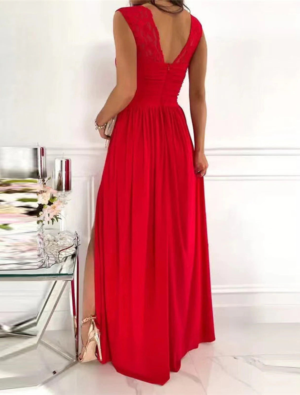 Women's Party Dress Lace Dress Homecoming Dress Swing Dress Long Dress Maxi Dress Black Purple Pink Sleeveless Pure Color Split Backless Spring Summer V Neck Evening Party