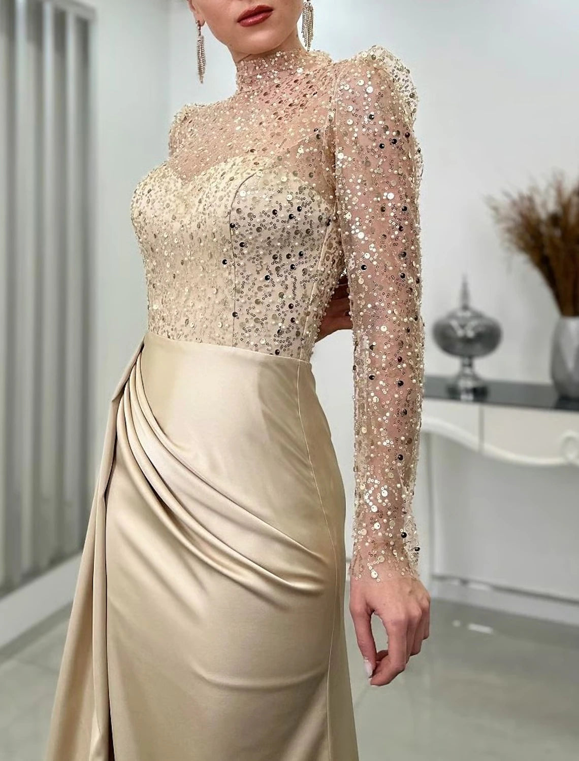 Mermaid / Trumpet Evening Gown Elegant Dress Wedding Guest Fall Court Train Long Sleeve High Neck Satin with Ruched Pearls Slit