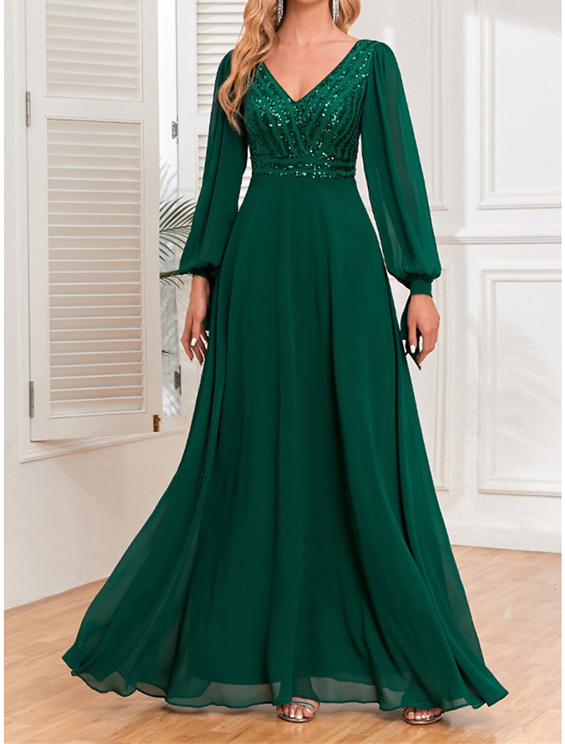 Women's Sequin Dress Prom Dress Party Dress Sparkly Dress Long Dress Maxi Dress Green Long Sleeve Fall Winter V Neck Fashion Evening Party