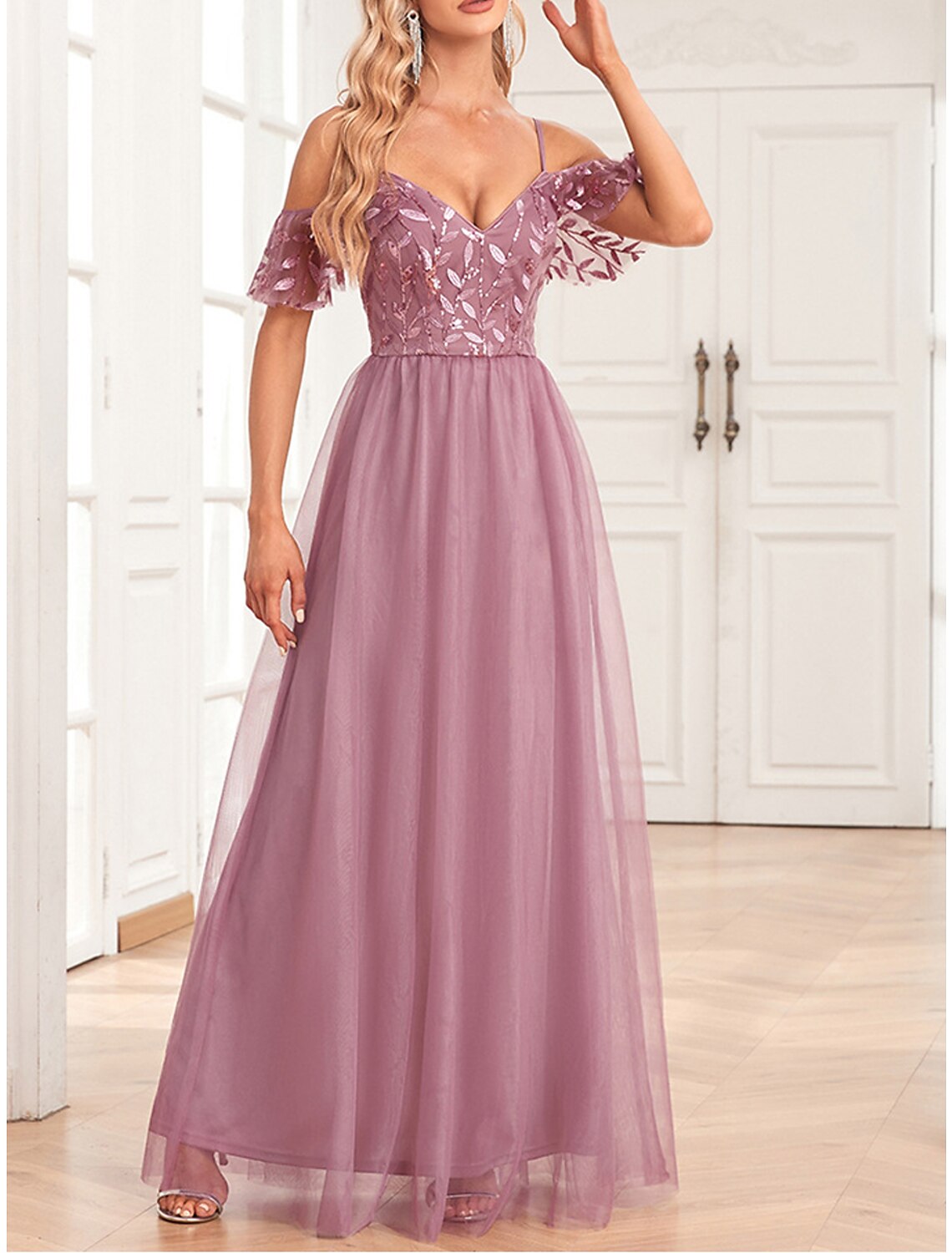 Women's Pink Sequin Dress Prom Dress Party Dress Sparkly Dress Long Dress Maxi Dress Short Sleeve Sparkly Glitter Fall Winter Spaghetti Strap Fashion Evening Party