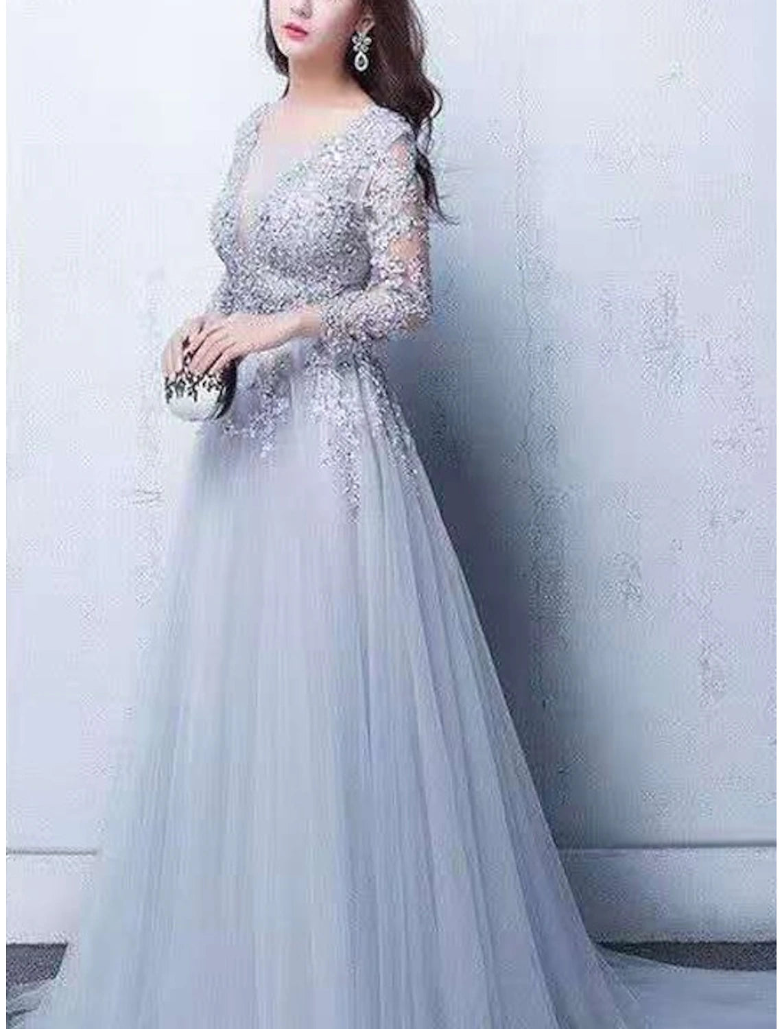 A-Line Evening Gown Party Dress Luxurious Dress Wedding Guest Engagement Chapel Train Half Sleeve Illusion Neck Tulle with Beading Appliques