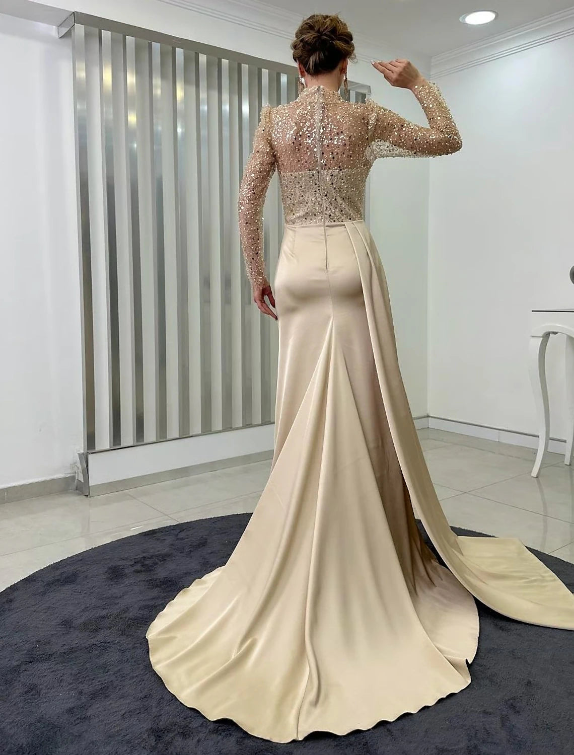 Mermaid / Trumpet Evening Gown Elegant Dress Wedding Guest Fall Court Train Long Sleeve High Neck Satin with Ruched Pearls Slit