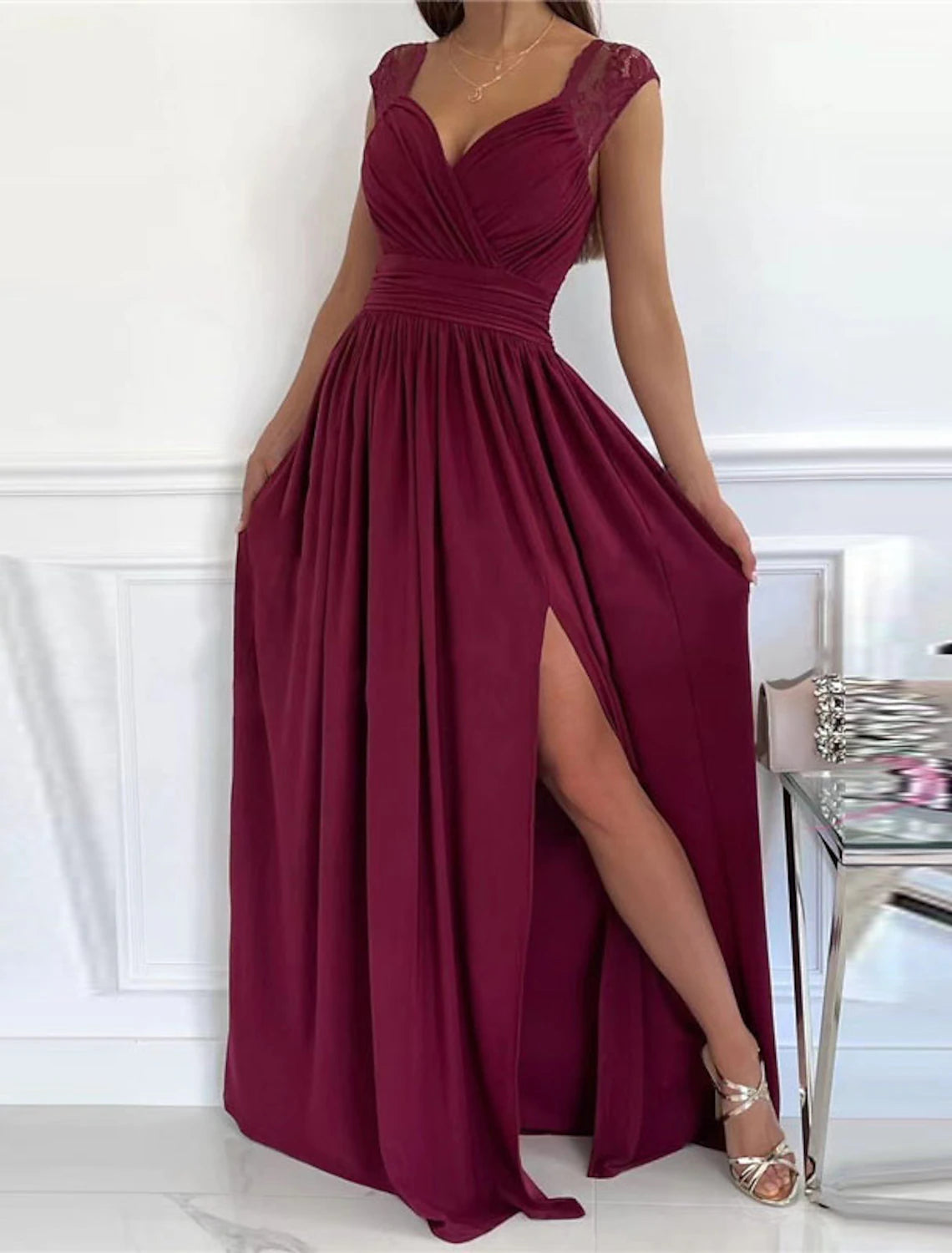 Women's Party Dress Lace Dress Homecoming Dress Swing Dress Long Dress Maxi Dress Black Purple Pink Sleeveless Pure Color Split Backless Spring Summer V Neck Evening Party