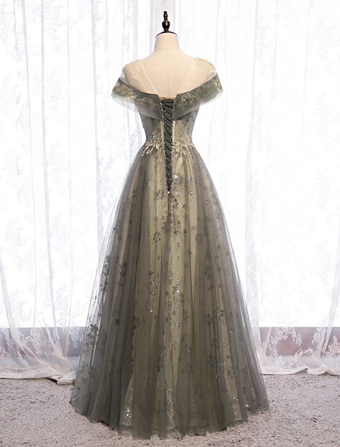 A-Line Evening Gown Elegant Dress Wedding Guest Engagement Floor Length Short Sleeve Illusion Neck Tulle with Pleats