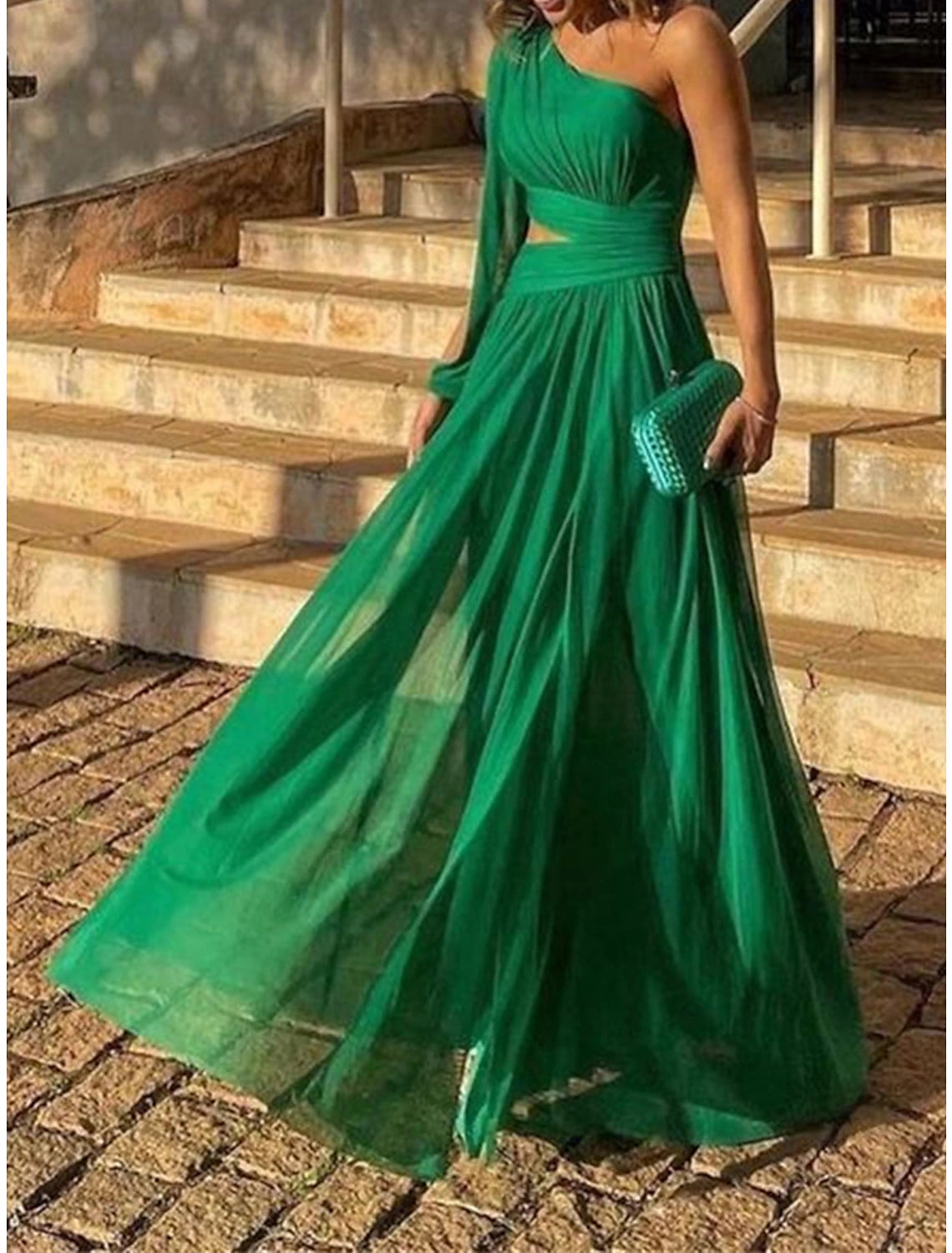 Women's Prom Dress Party Dress Cut Out Dress Long Dress Maxi Dress Green Long Sleeve Pure Color Backless Spring Fall Winter One Shoulder Fashion Birthday Evening Party Wedding Guest