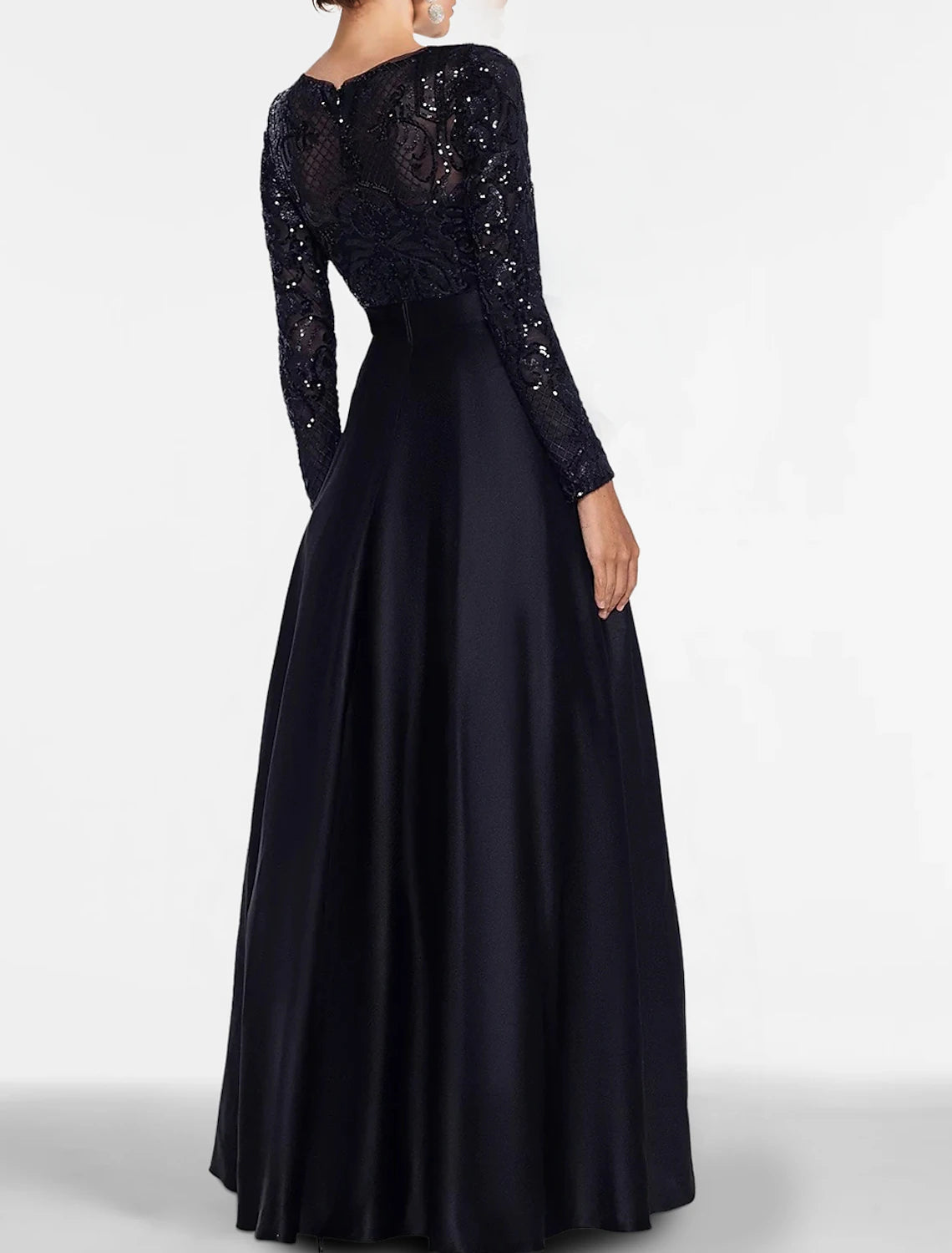A-Line Evening Gown Elegant Black Dress Plus Size Formal Sequin Satin Dress Black Tie Floor Length Long Sleeve Off Shoulder Fall Wedding Guest with Slit