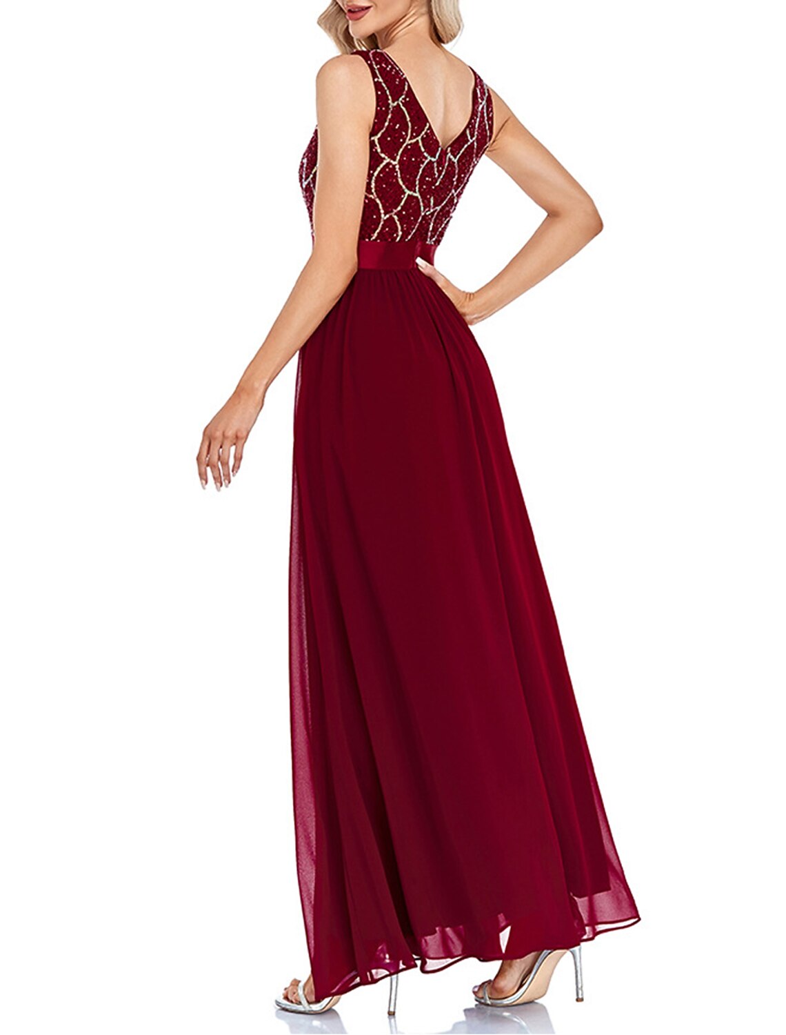 Women's Sequin Dress Prom Dress Party Dress Sparkly Dress Long Dress Maxi Dress Wine Sleeveless Geometric Sparkly Glitter Fall Winter V Neck Fashion Evening