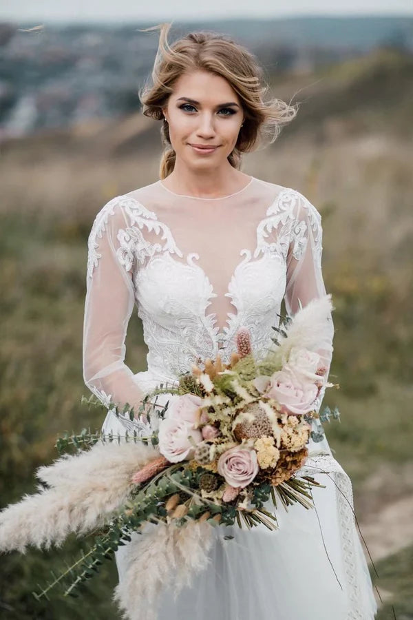 Buyishang Glamorous Bohemian Illusion Sleeves Lace Two Piece Court Train Wedding Dress