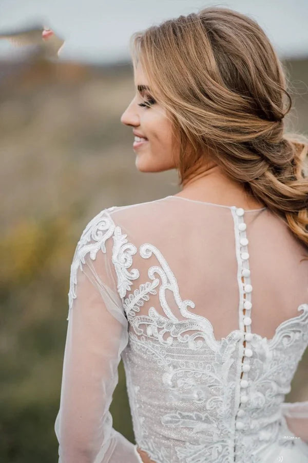 Buyishang Glamorous Bohemian Illusion Sleeves Lace Two Piece Court Train Wedding Dress