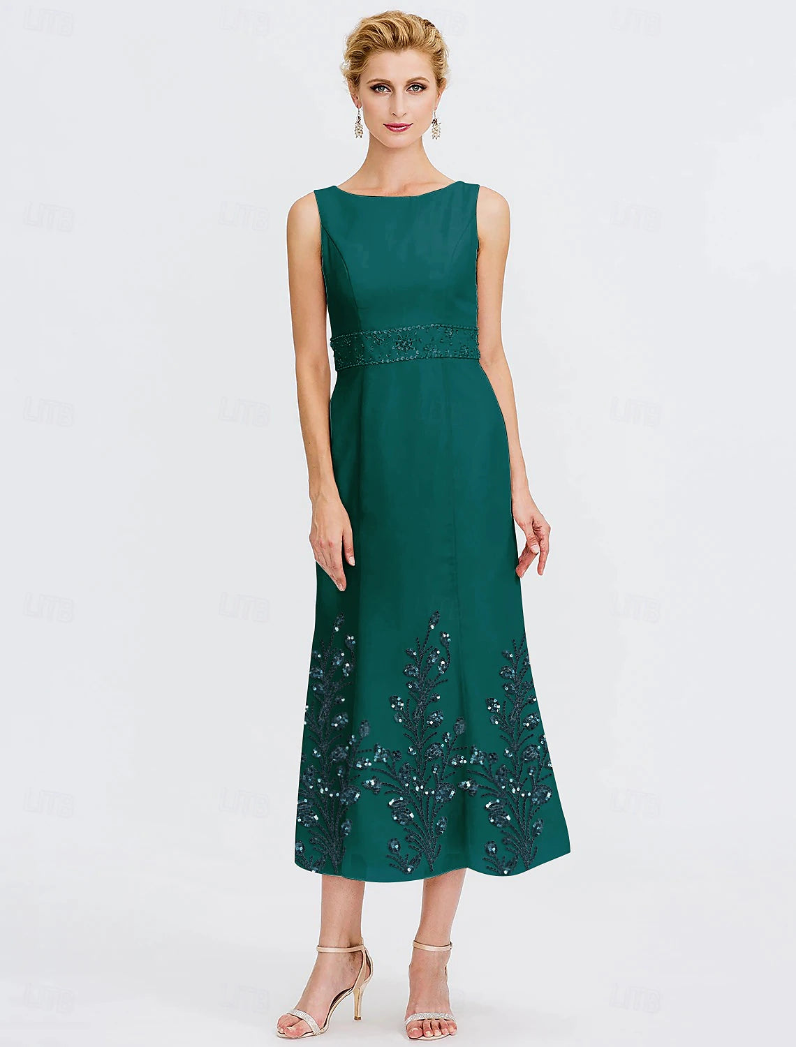 Buyishang Two Piece A-Line Dress Suit Mother of the Bride Dress Elegant Jewel Neck Tea Length Chiffon 3/4 Length Sleeve Jacket Dresses with Sequin