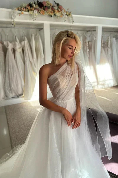 Buyishang Glitter One Shoulder Bowknot Tulle Wedding Dress Bridal Gowns With Train