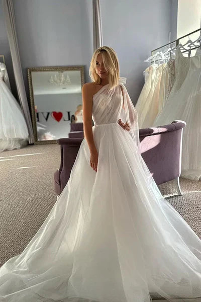 Buyishang Glitter One Shoulder Bowknot Tulle Wedding Dress Bridal Gowns With Train