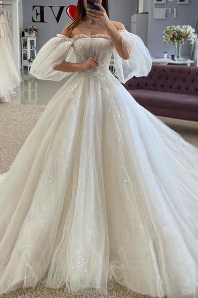 Buyishang Glitter Tulle A-Line Off-Shoulder Appliques With Train Sheer Wedding Dress