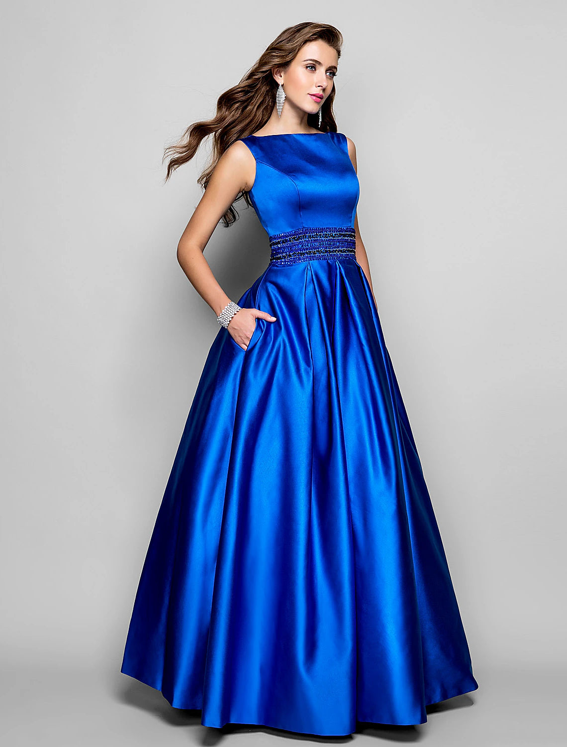 A-Line Elegant Dress Wedding Guest Prom Floor Length Sleeveless Boat Neck  Satin with Pleats Beading