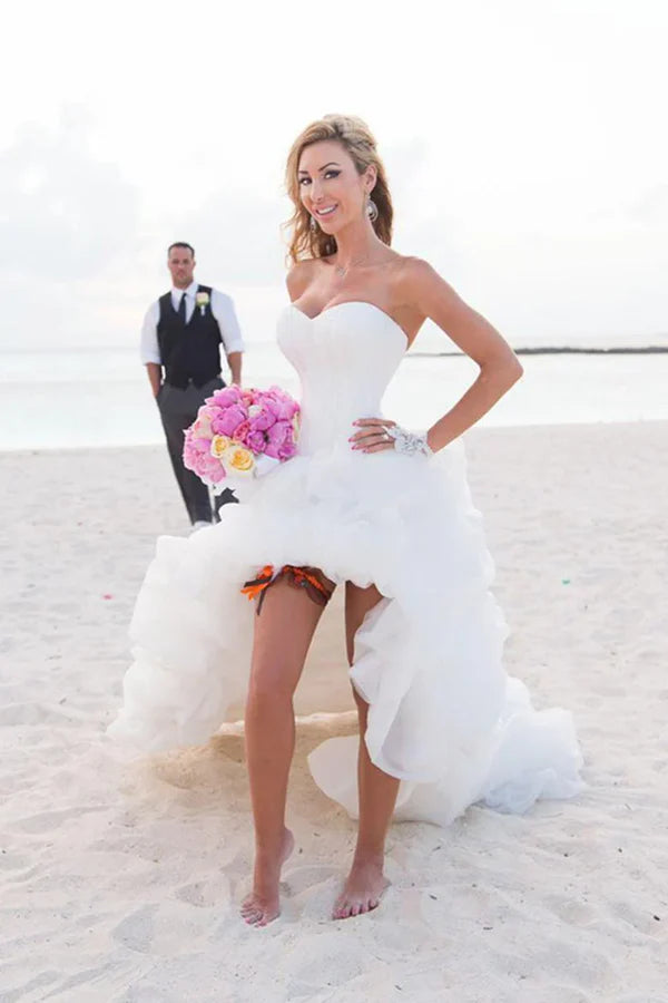 Buyishang Gorgeous Beach White Short Organza Sweetheart Asymmetrical Wedding Dresses