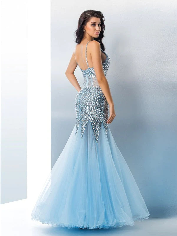 Mermaid Spaghetti Straps Sequin Sleeveless Long Tulle Prom Dresses