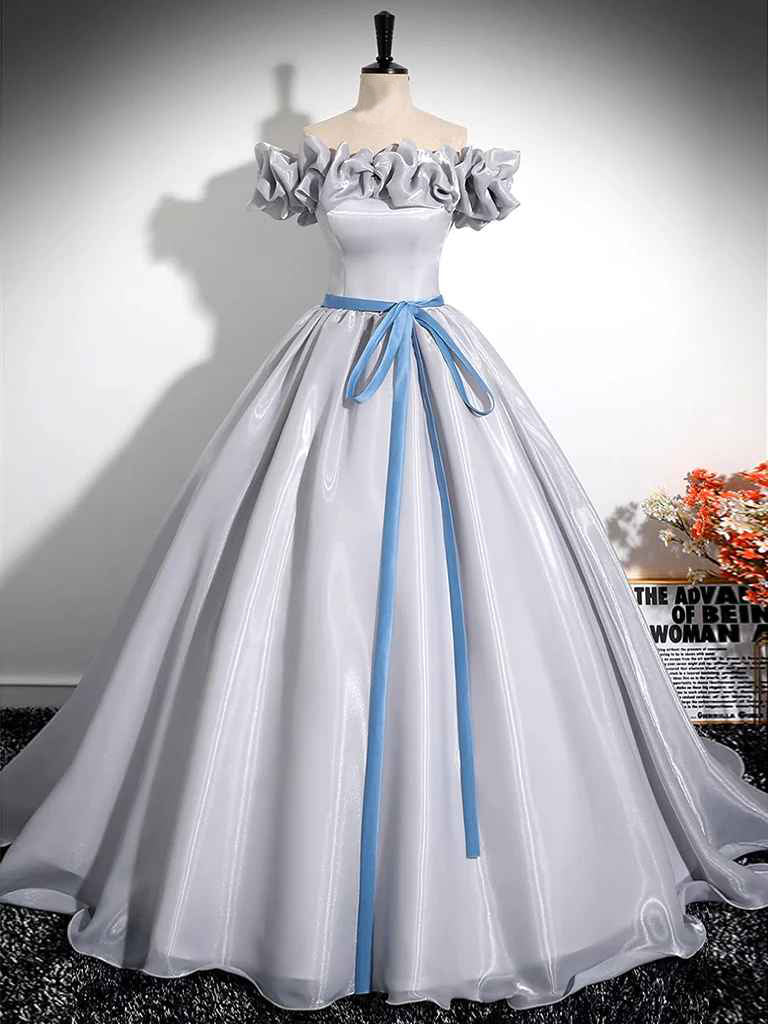 Buyishang A-Line Off Shoulder Gray Satin Long Prom Dress Gray Long Formal Dress