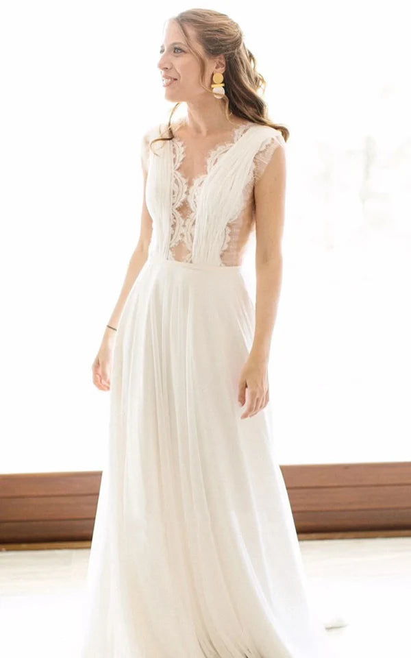 Buyishang Greek A-Line Plunging Neckline Chiffon Lace Wedding Dress With Open Back And Pleats