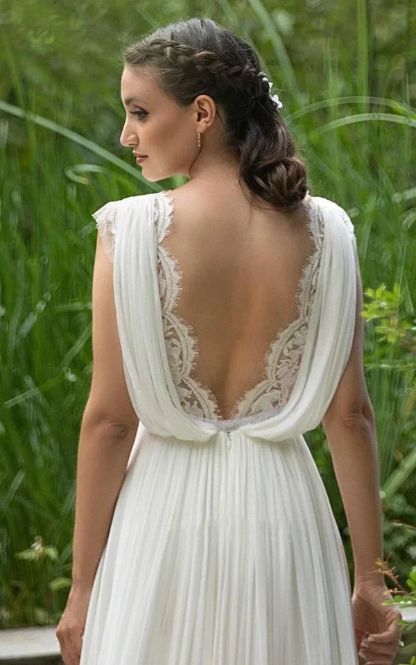 Buyishang Greek A-Line Plunging Neckline Chiffon Lace Wedding Dress With Open Back And Pleats