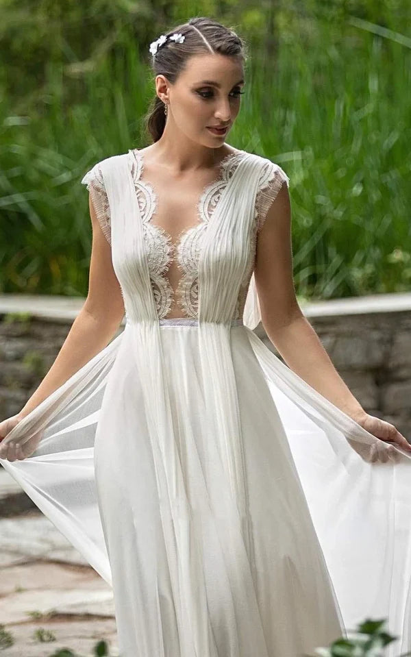 Buyishang Greek A-Line Plunging Neckline Chiffon Lace Wedding Dress With Open Back And Pleats