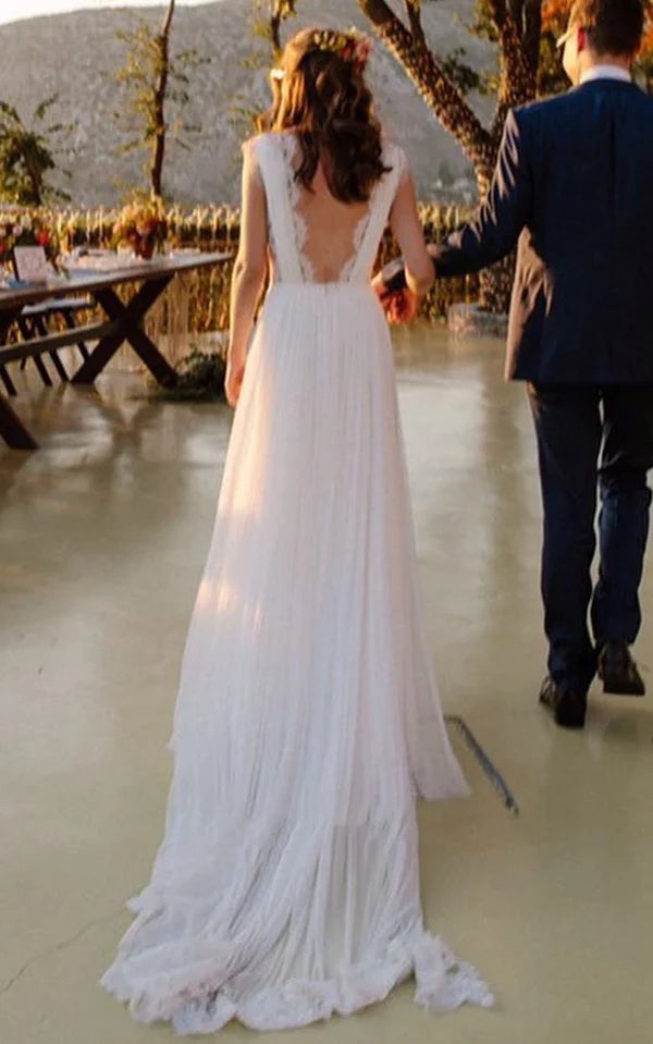 Buyishang Greek A-Line Plunging Neckline Chiffon Lace Wedding Dress With Open Back And Pleats