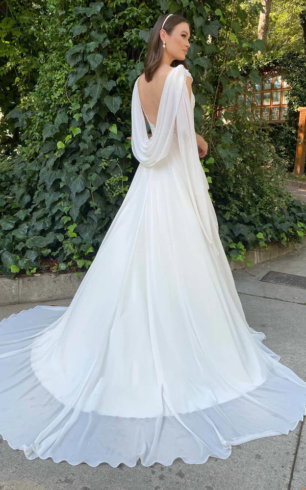 Buyishang Greek Simple A Line V-neck Chiffon Court Train Wedding Dress with Ruching