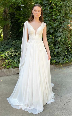 Buyishang Greek Simple A Line V-neck Chiffon Court Train Wedding Dress with Ruching