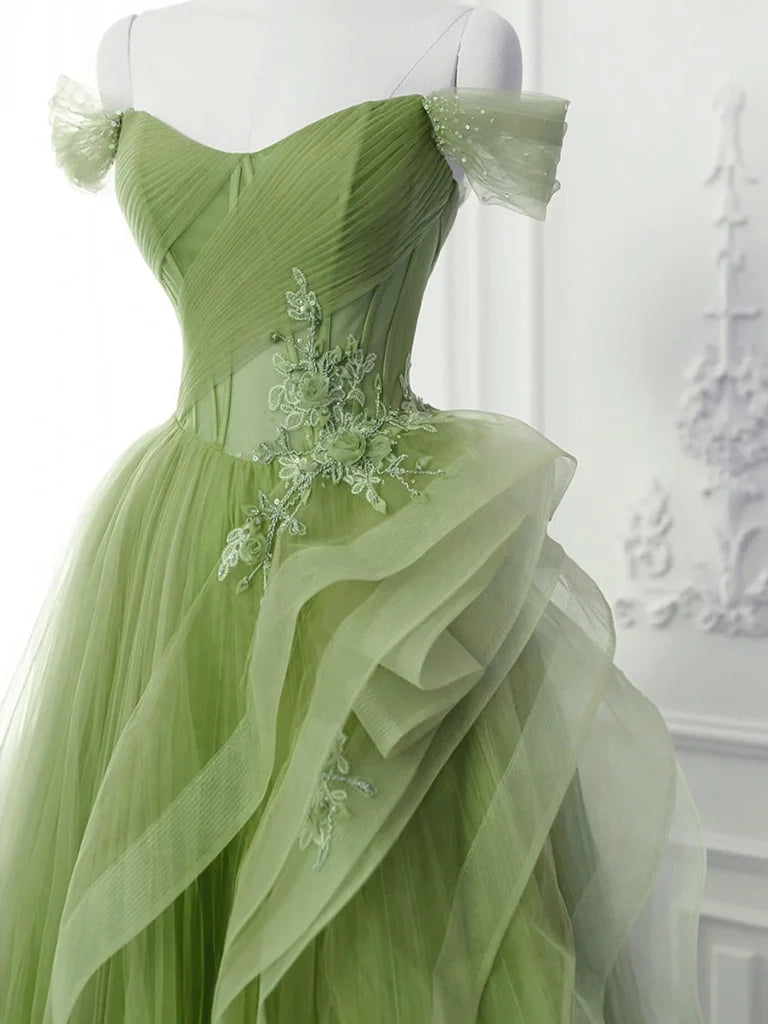 Buyishang Green A-Line Off Shoulder Long Prom Dress Green Lace Long Evening Dress