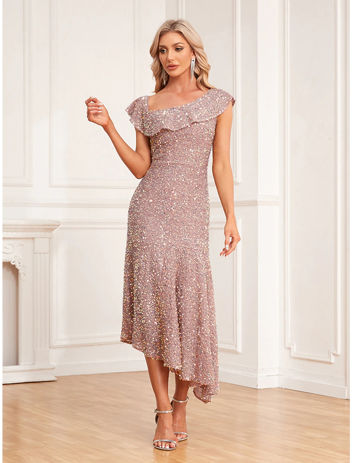 Women's Sequin Dress Prom Dress Party Dress Midi Dress Khaki Sleeveless Plain Ruched Summer Spring Fall Cold Shoulder Elegant Evening Party