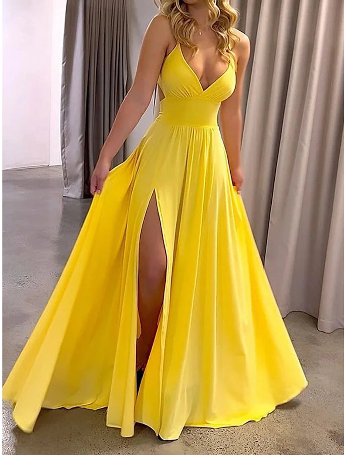 Women's Prom Dress Party Dress Sheath Dress Long Dress Maxi Dress Yellow Sleeveless Pure Color Ruched Fall Winter Autumn Spaghetti Strap Fashion Evening Party Vacation