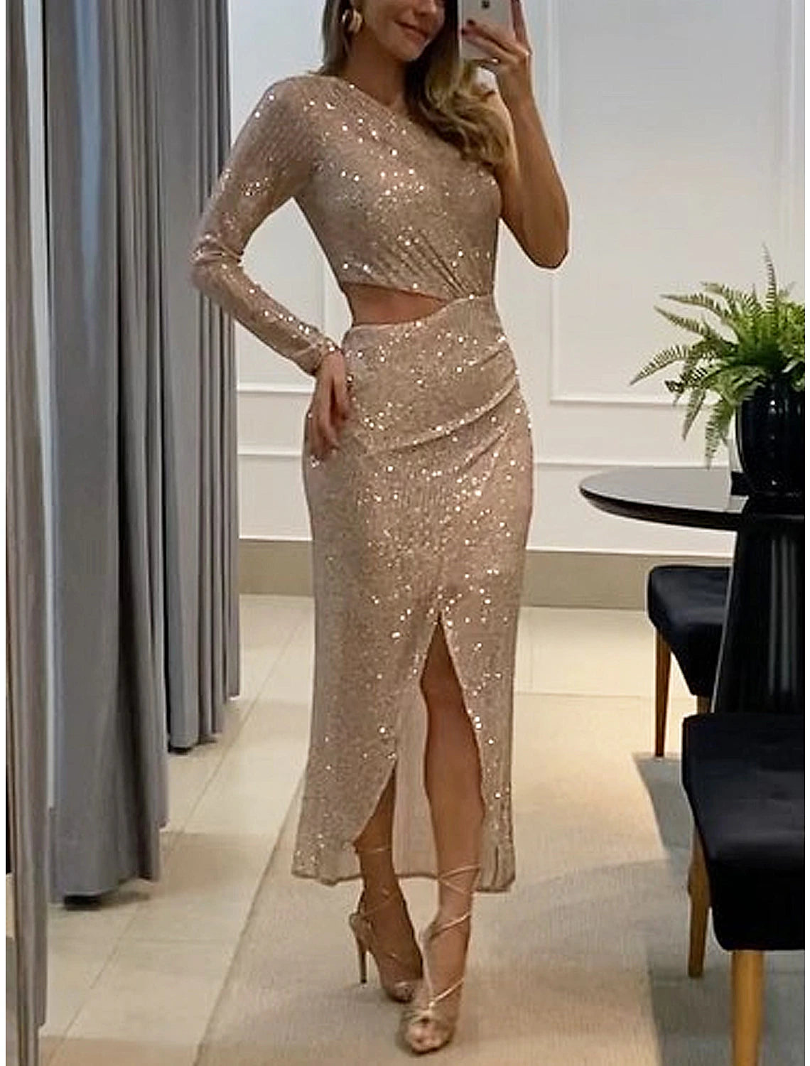 Women's Prom Dress Party Dress Sequin Dress Long Dress Maxi Dress Champagne Long Sleeve Pure Color Sequins Spring Fall Winter One Shoulder Fashion Winter Dress Wedding Guest Evening Party