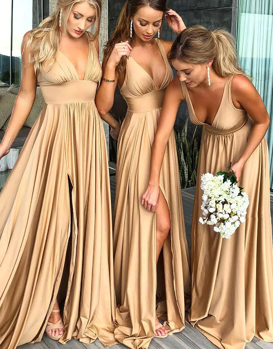 A-Line  Satin Long Bridesmaid Dress With Split