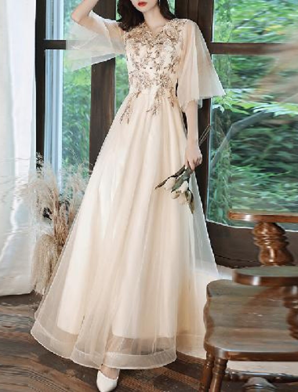 A-Line Prom Dresses Cute Dress Valentine's Day Wedding Guest Floor Length Half Sleeve V Neck Tulle with Beading Appliques