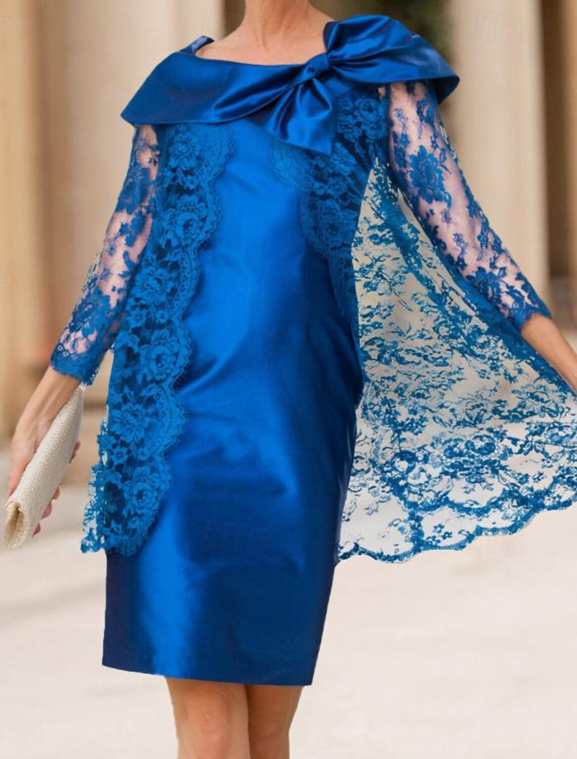 Buyishang Two Piece Sheath / Column Mother of the Bride Dress Elegant Jewel Neck Knee Length Satin Lace Sleeveless Jacket Dresses with Lace Bow(s) free custom size