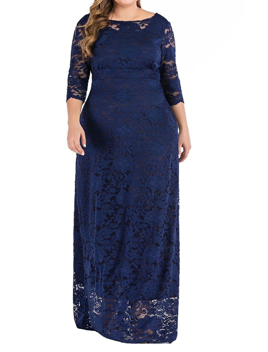 Women's Plus Size Prom Dress Party Dress Lace Dress Long Dress Maxi Dress Black Red Dark Blue 3/4 Length Sleeve Plain Lace Summer Spring Fall Crew Neck Elegant Wedding Guest Birthday Evening Party