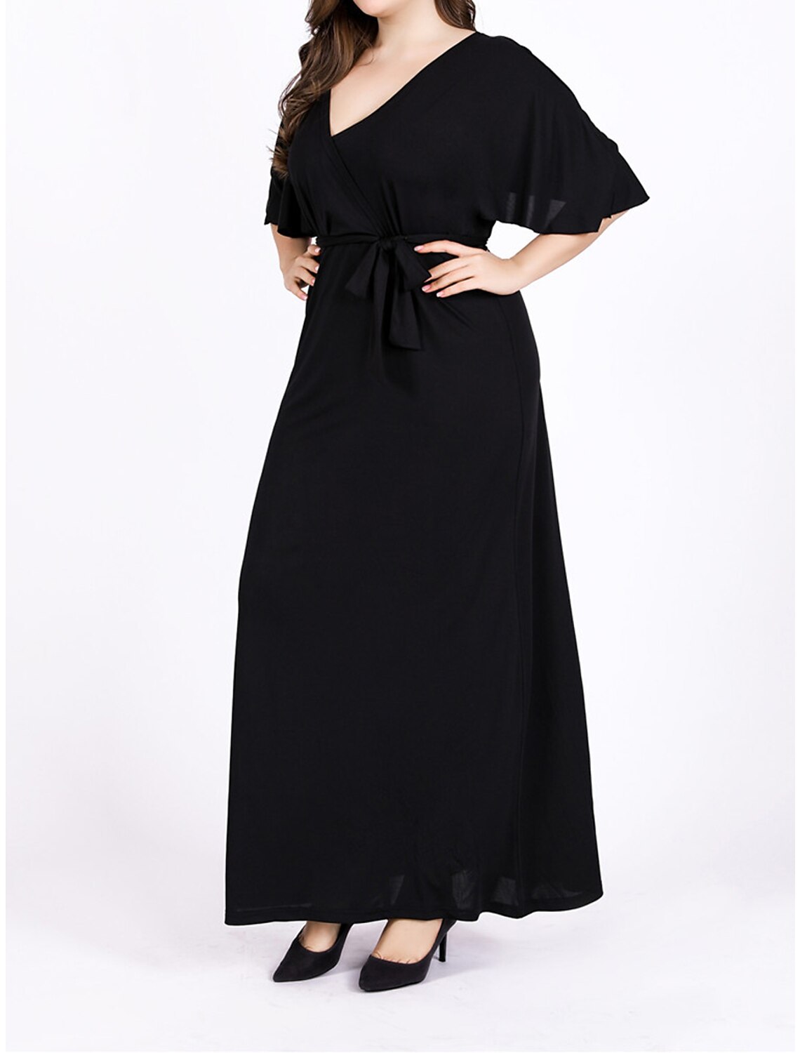 Women's Plus Size Black Dress Prom Dress Party Dress Long Dress Maxi Dress Black Short Sleeve Plain Lace up Summer Spring Fall V Neck Elegant Wedding Guest Birthday Evening Party