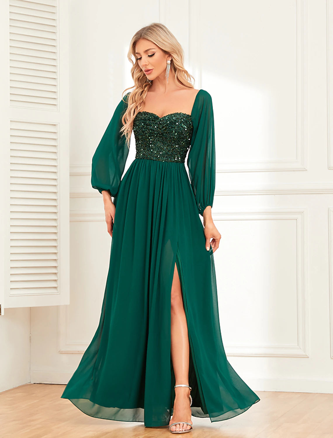 Women's Sequin Dress Prom Dress Party Dress Sparkly Dress Long Dress Maxi Dress Green Long Sleeve Summer Spring Fall Off Shoulder Evening Fall Dress