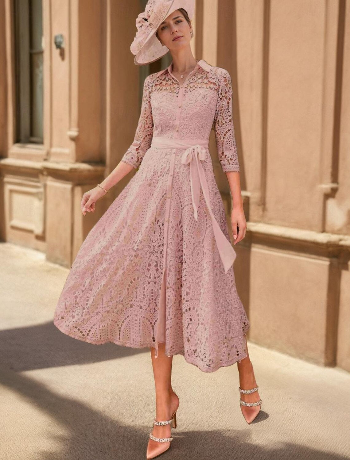 Buyishang A-Line Mother of the Bride Dress Elegant High Low V Neck Tea Length Polyester 3/4 Length Sleeve with Lace free custom size