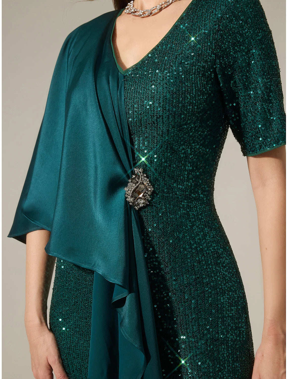 Buyishang Green Satin Sequin Sparkly Mismatched Short Sleeve Mother of the Bride Sparkly Maxi Dress dress to impress