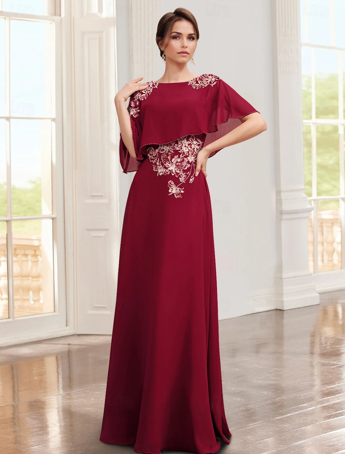 Buyishang A-Line Dress Mother of the Bride Dress Elegant Jewel Neck Floor Length Chiffon Lace Half Sleeve with Appliques Solid Color