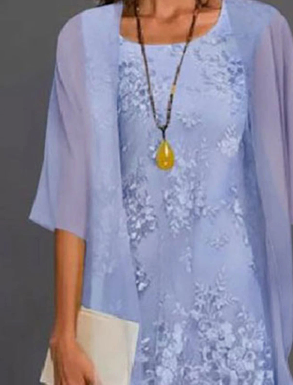 Two Piece Sheath / Column Mother of the Bride Dress Wedding Guest Formal Elegant Long Sleeve Jacket Chiffon Lace Scoop Neck Tea Length with Appliques